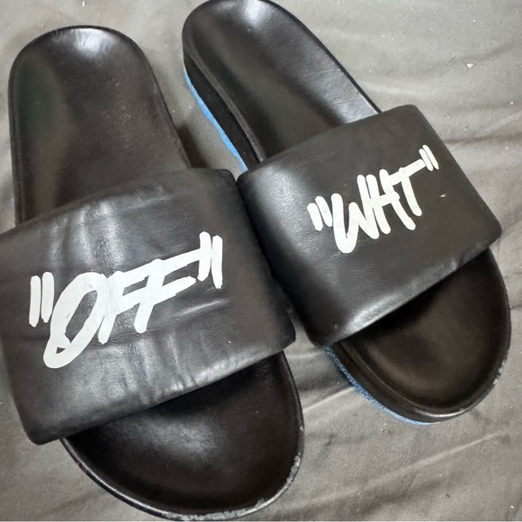 Off-White "Quotes" leather slide sandals in black with a blue sole size 40 EU 7 - Picture 4 of 7